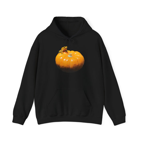 Golden Dart Frog on Pumpkin Hoodie — Cute Fall Frog and Pumpkin Graphic Sweatshirt