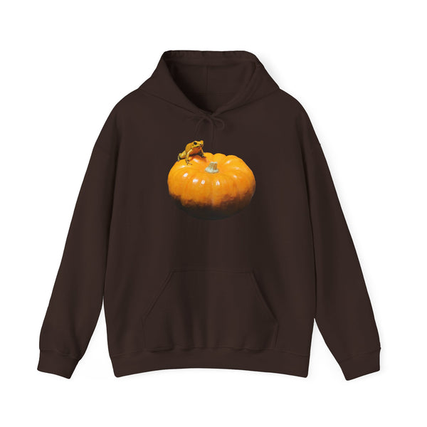Golden Dart Frog on Pumpkin Hoodie — Cute Fall Frog and Pumpkin Graphic Sweatshirt